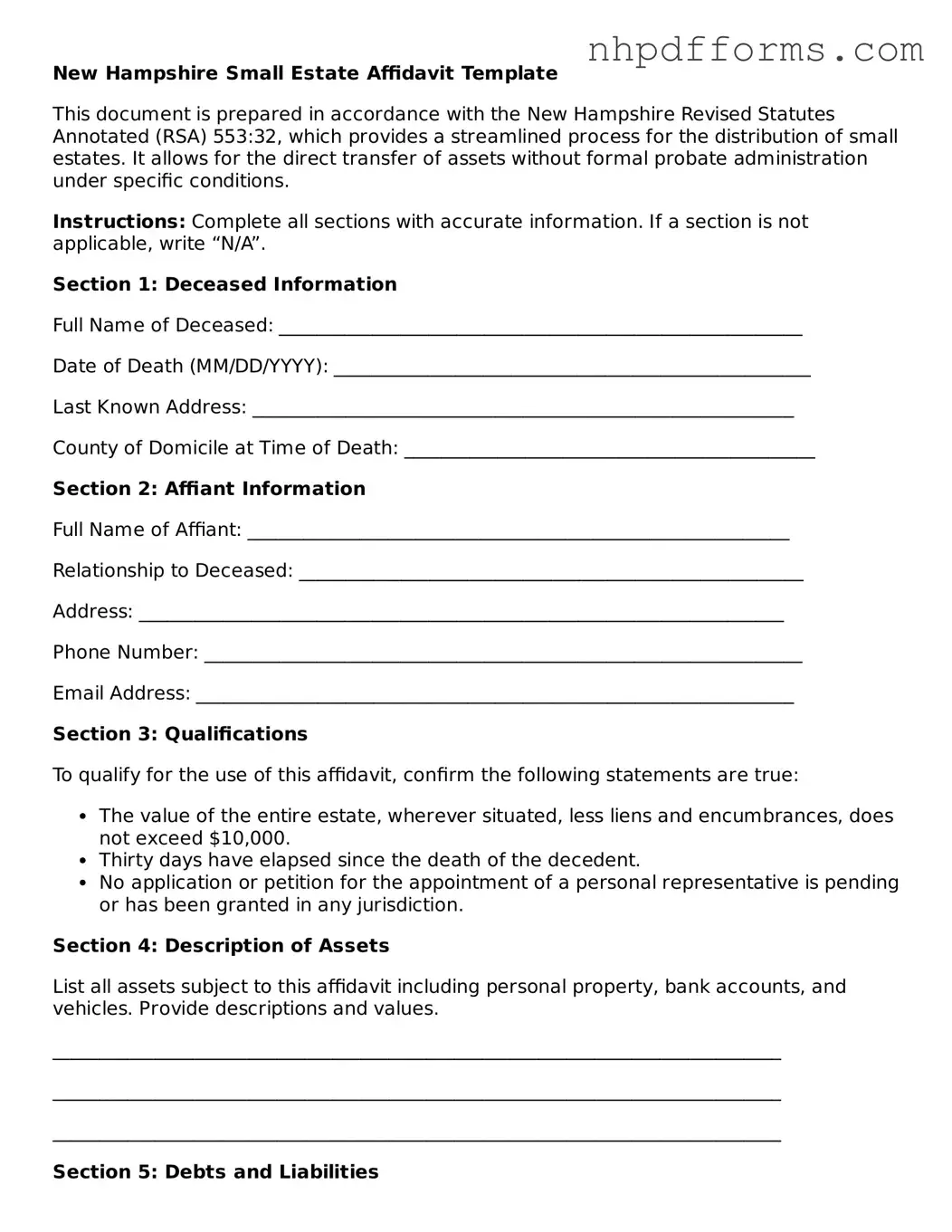 Attorney-Verified  Small Estate Affidavit Template for New Hampshire