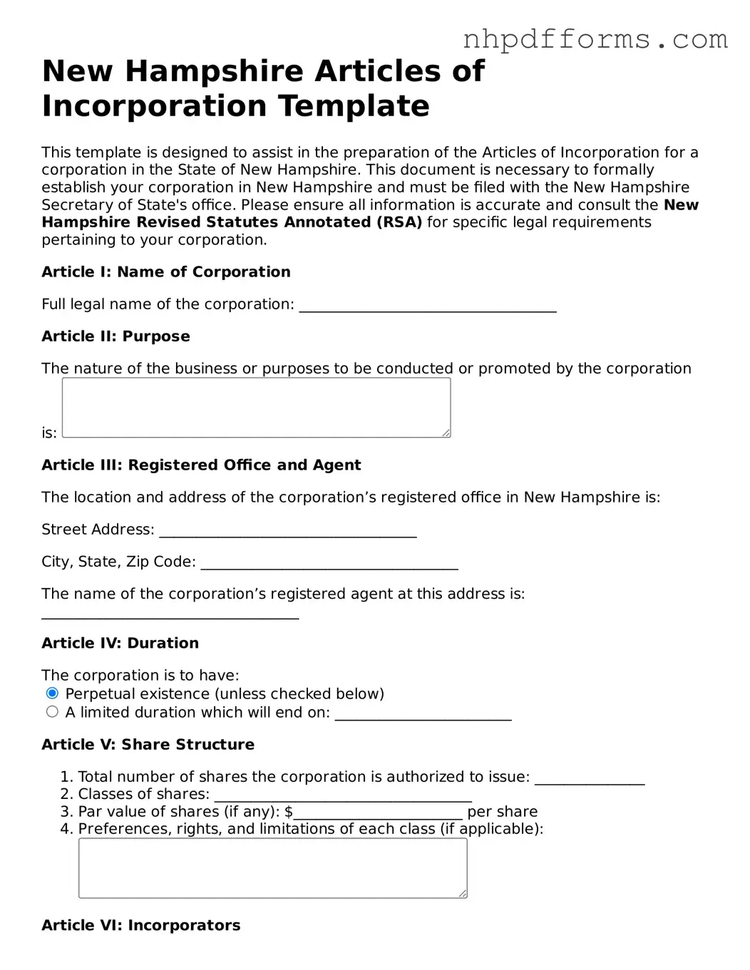 Attorney-Verified  Articles of Incorporation Template for New Hampshire