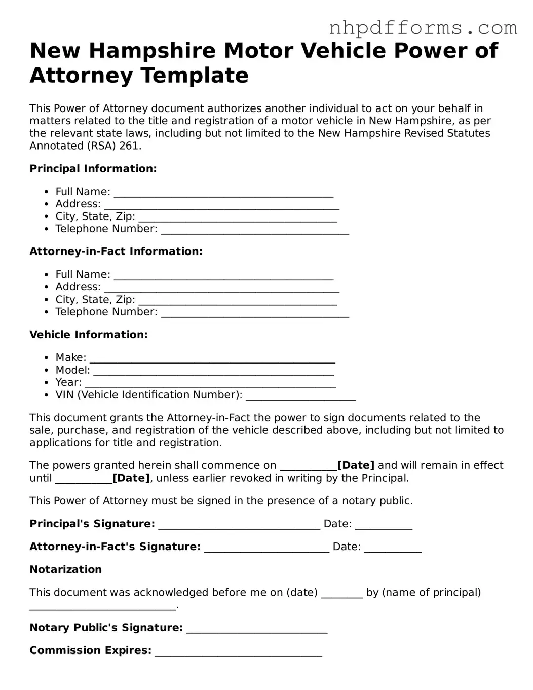 Attorney-Verified  Motor Vehicle Power of Attorney Template for New Hampshire