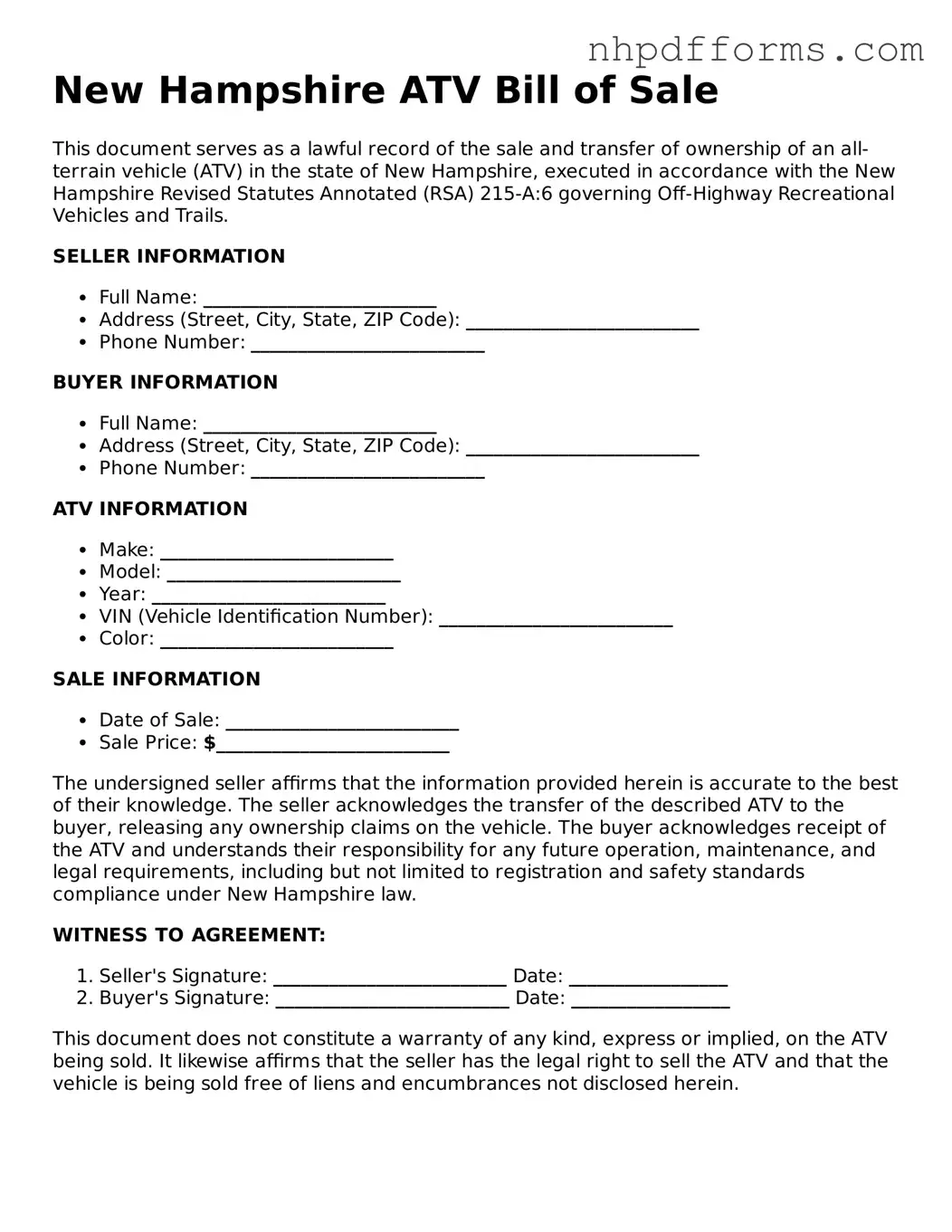 Attorney-Verified  ATV Bill of Sale Template for New Hampshire