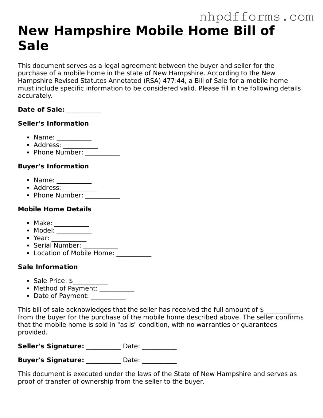 Attorney-Verified  Mobile Home Bill of Sale Template for New Hampshire