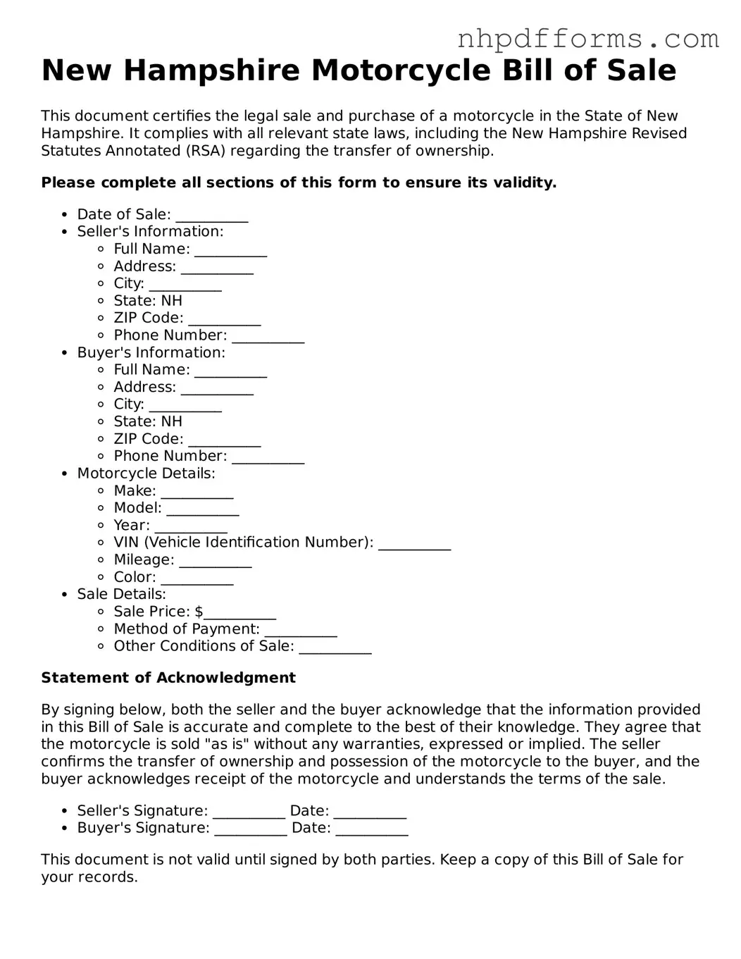 Attorney-Verified  Motorcycle Bill of Sale Template for New Hampshire