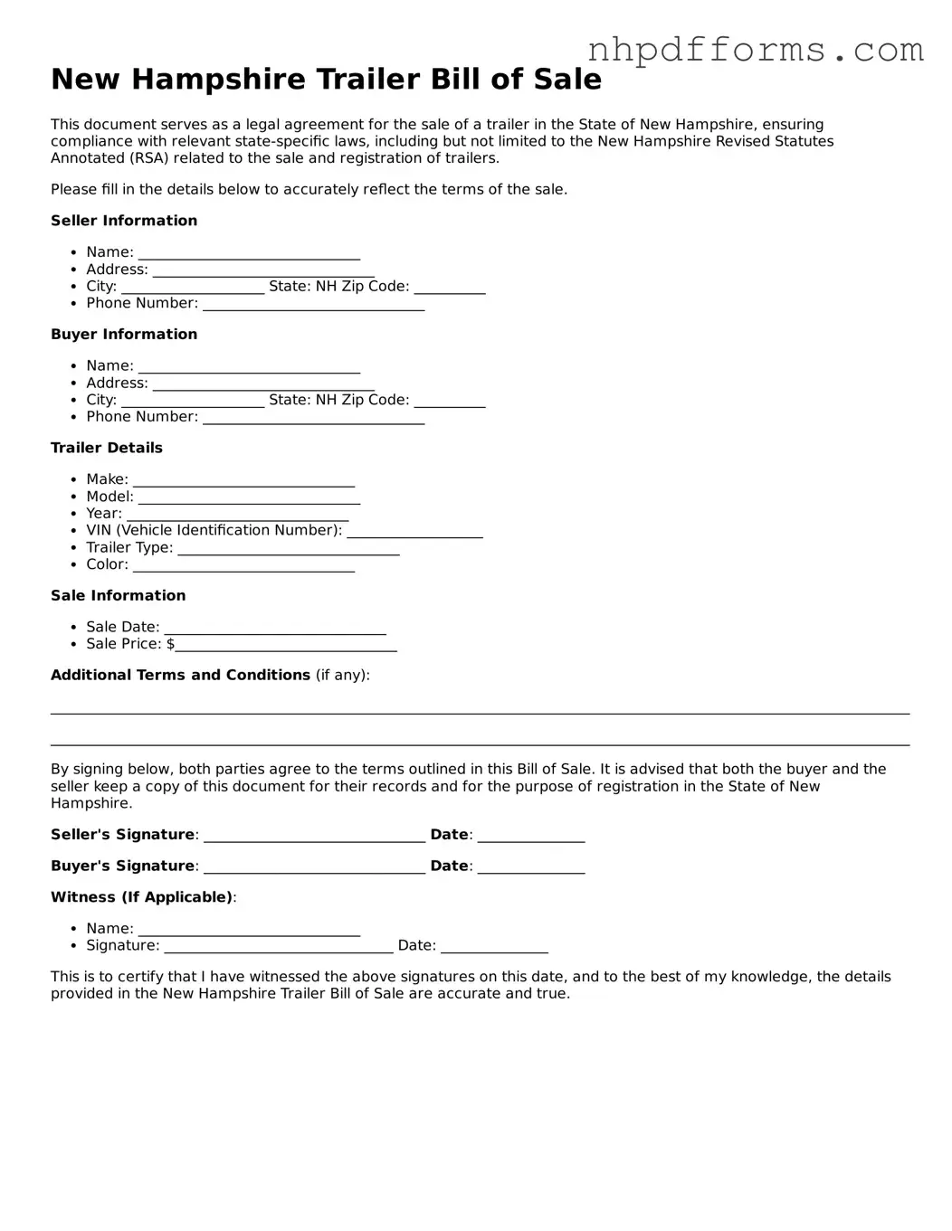 Attorney-Verified  Trailer Bill of Sale Template for New Hampshire