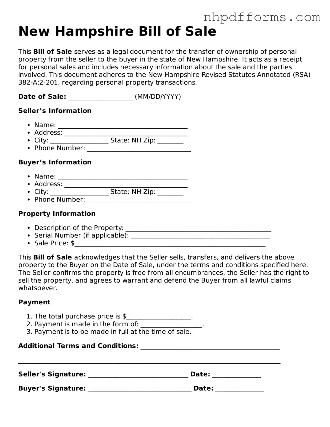 Attorney-Verified  Bill of Sale Template for New Hampshire