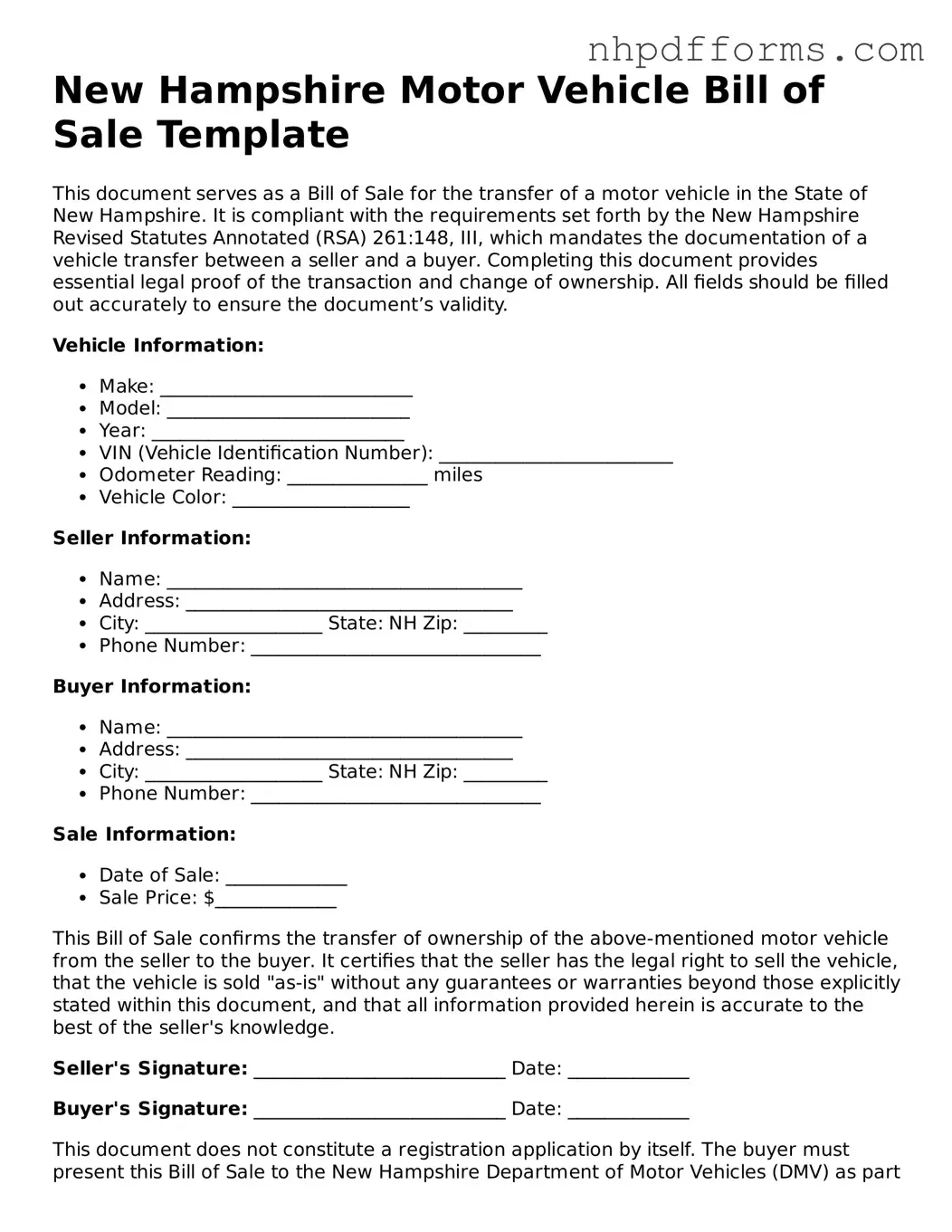 Attorney-Verified  Motor Vehicle Bill of Sale Template for New Hampshire