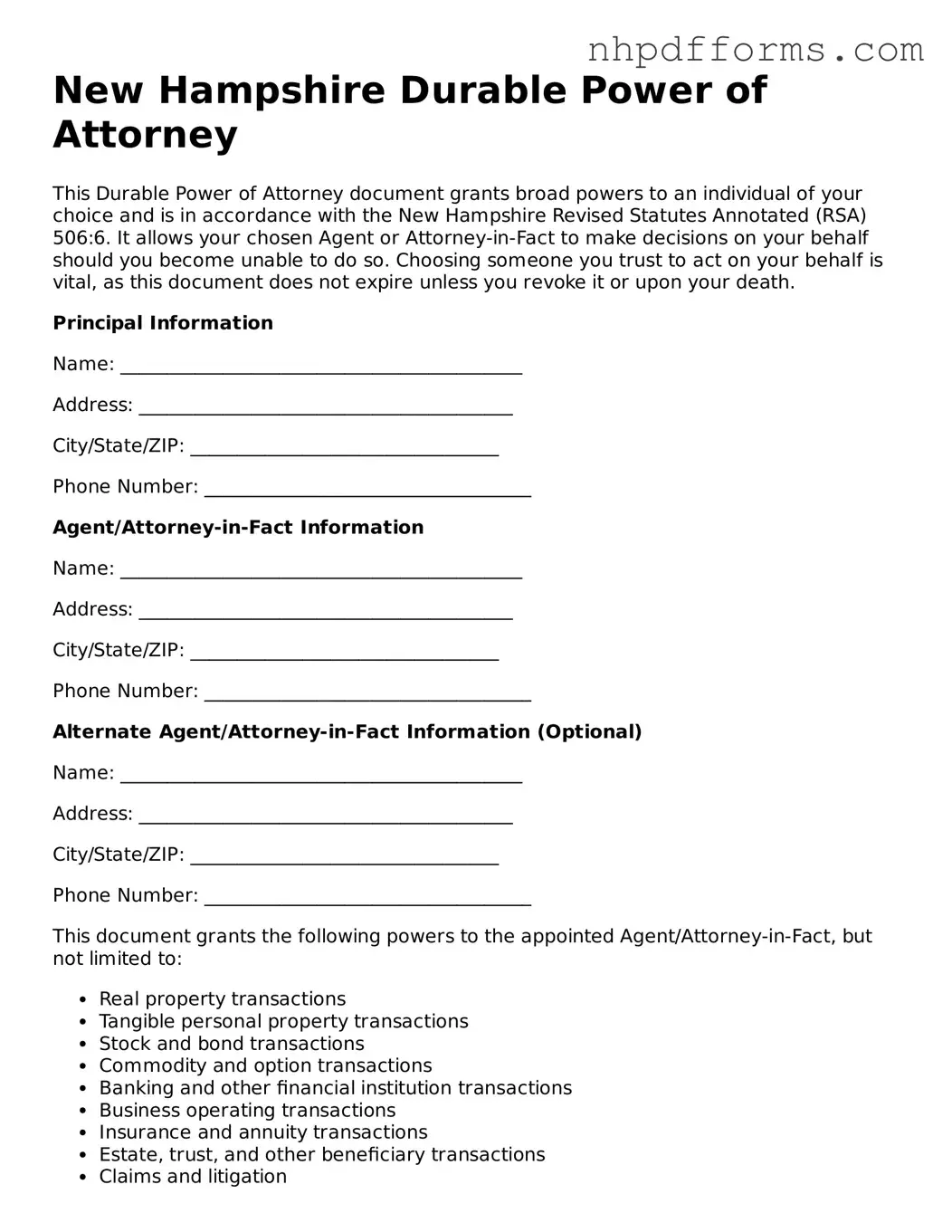 Attorney-Verified  Durable Power of Attorney Template for New Hampshire