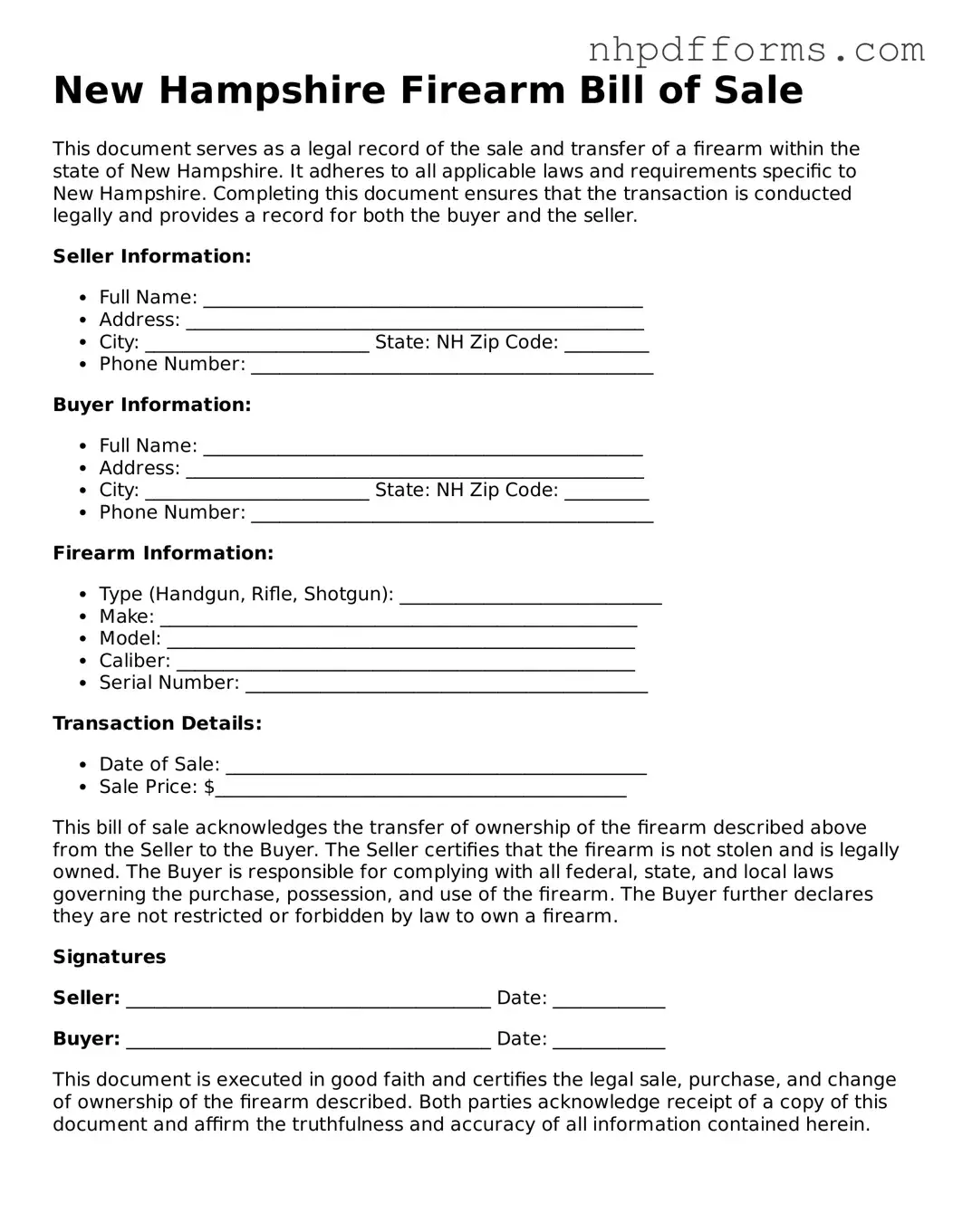 Attorney-Verified  Firearm Bill of Sale Template for New Hampshire