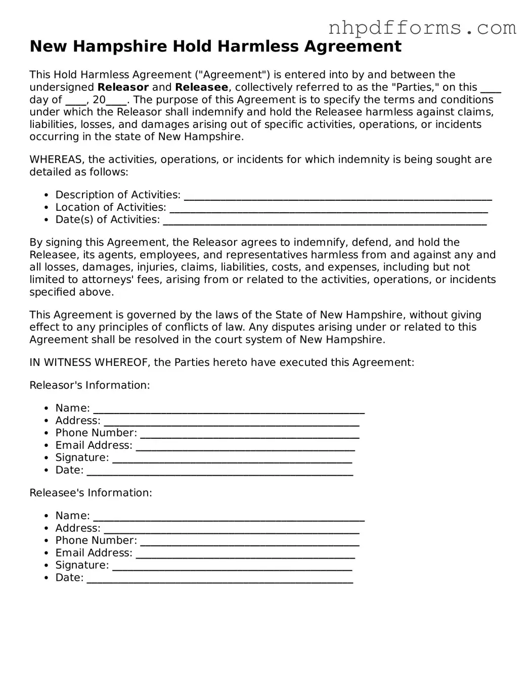 Attorney-Verified  Hold Harmless Agreement Template for New Hampshire