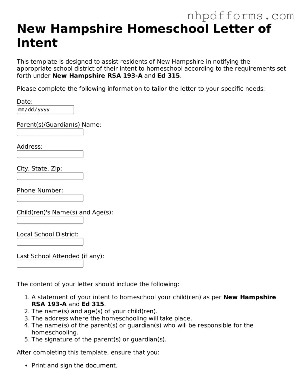 Attorney-Verified  Homeschool Letter of Intent Template for New Hampshire