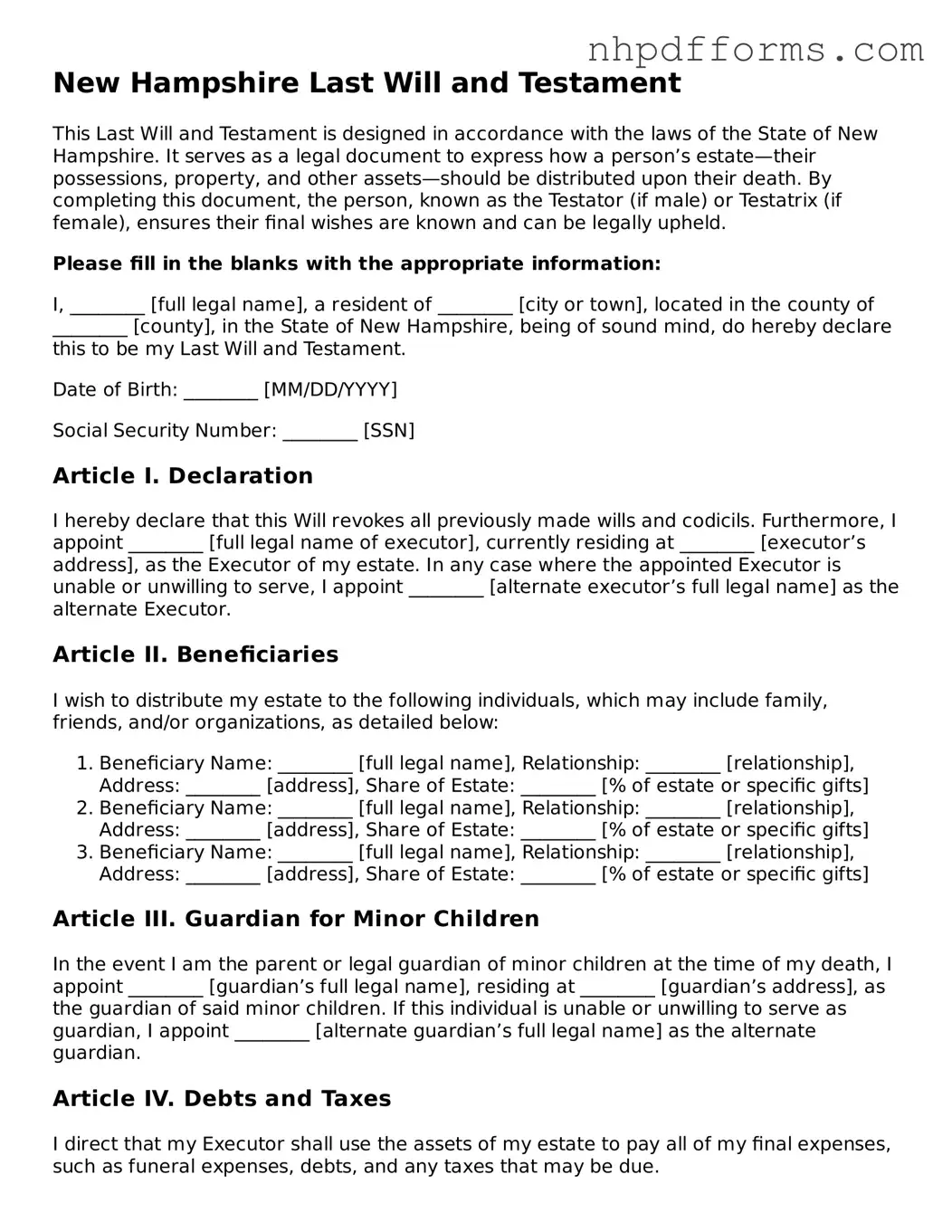 Attorney-Verified  Last Will and Testament Template for New Hampshire