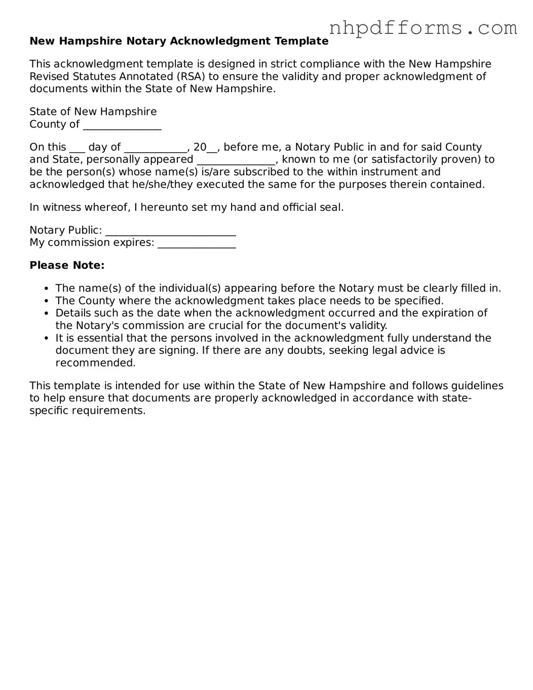 Attorney-Verified  Notary Acknowledgement Template for New Hampshire