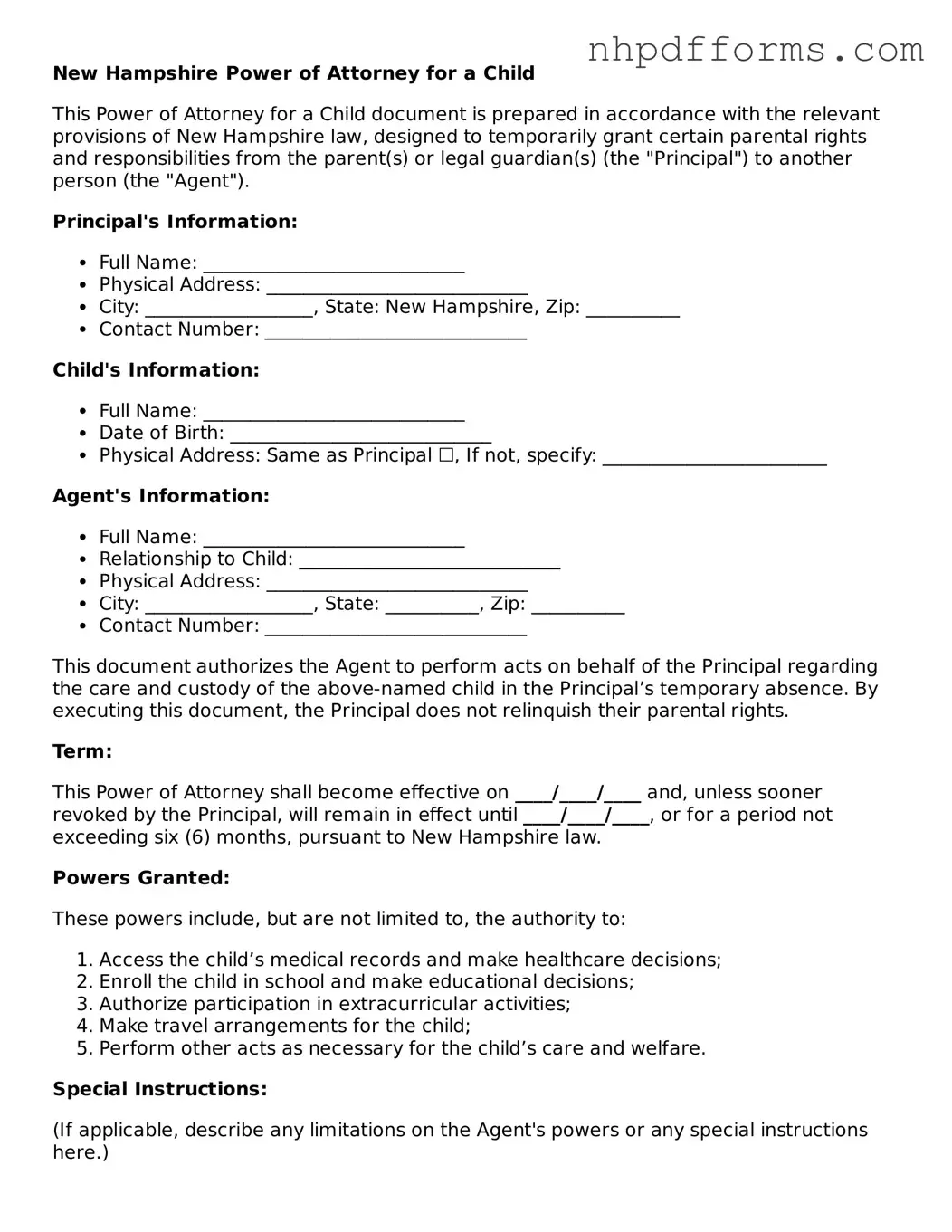 Attorney-Verified  Power of Attorney for a Child Template for New Hampshire