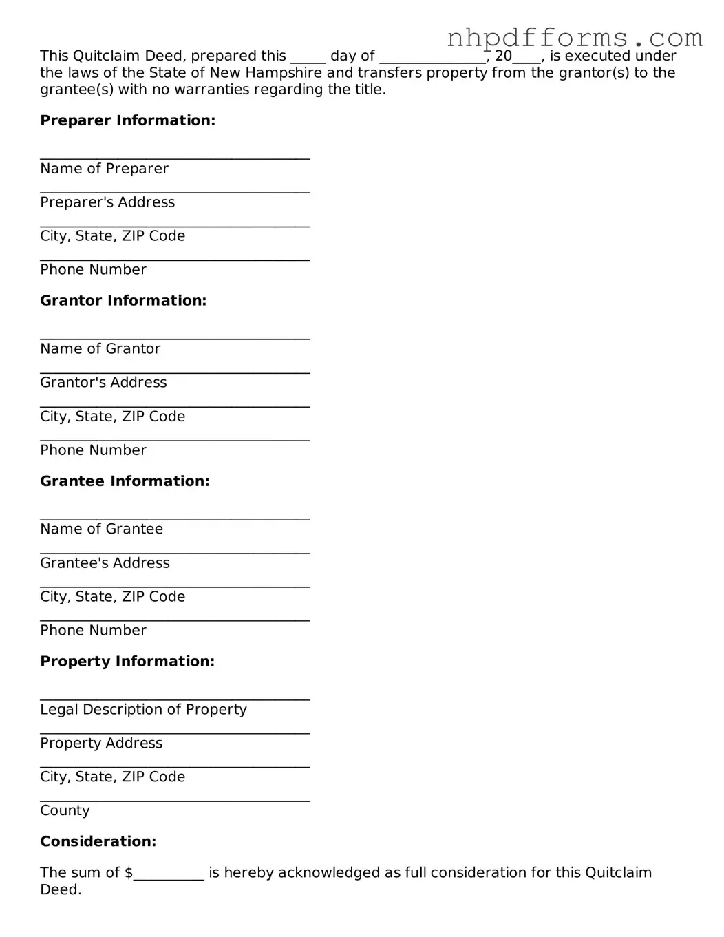 Attorney-Verified  Quitclaim Deed Template for New Hampshire