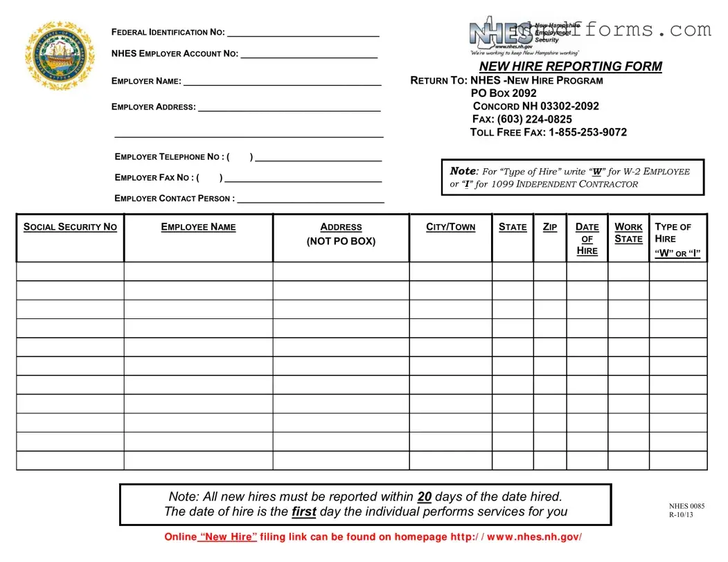 Free New Hampshire Reporting PDF Form