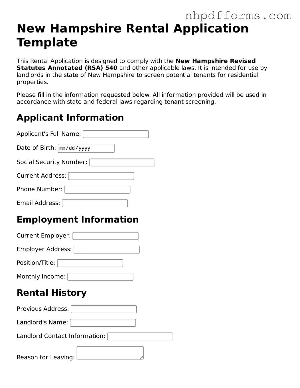 Attorney-Verified  Rental Application Template for New Hampshire