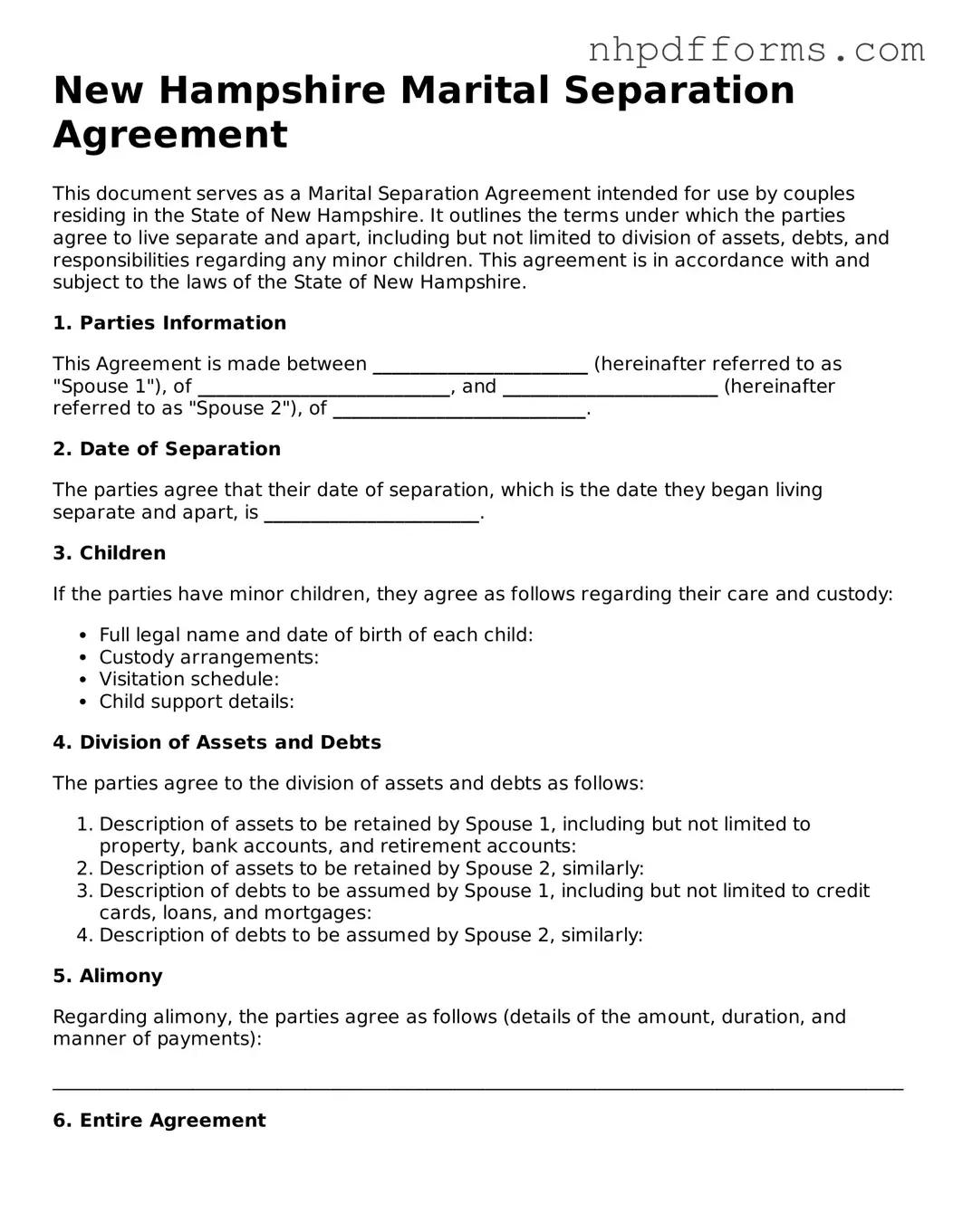 Attorney-Verified  Marital Separation Agreement Template for New Hampshire