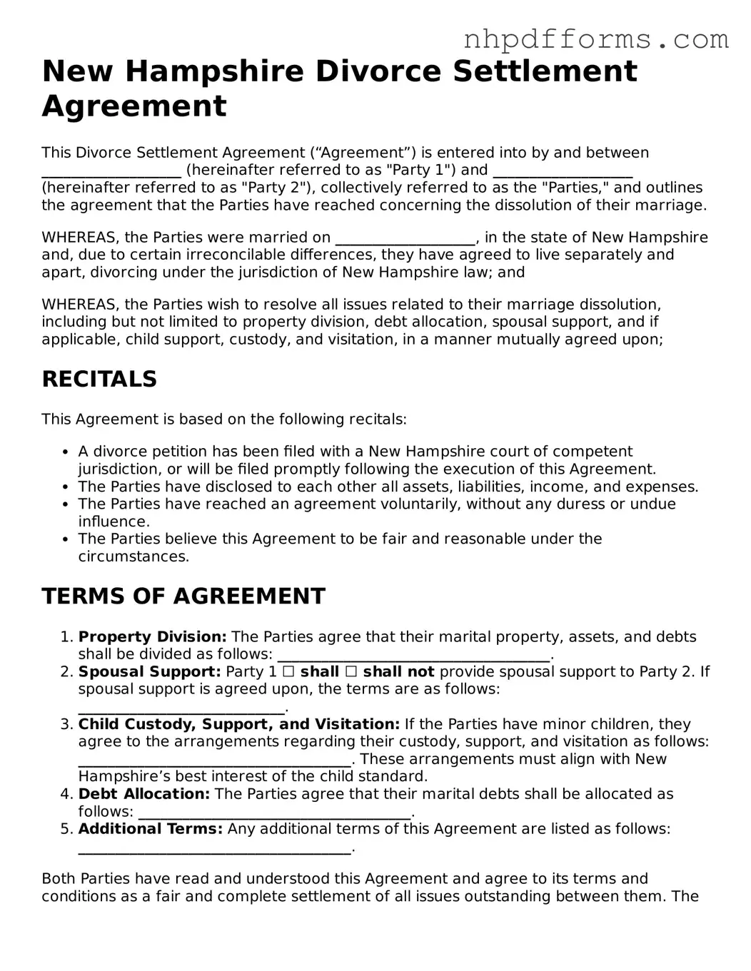 Attorney-Verified  Divorce Settlement Agreement Template for New Hampshire