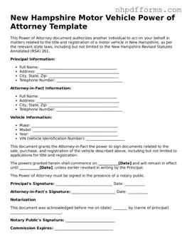 Attorney-Verified  Motor Vehicle Power of Attorney Template for New Hampshire